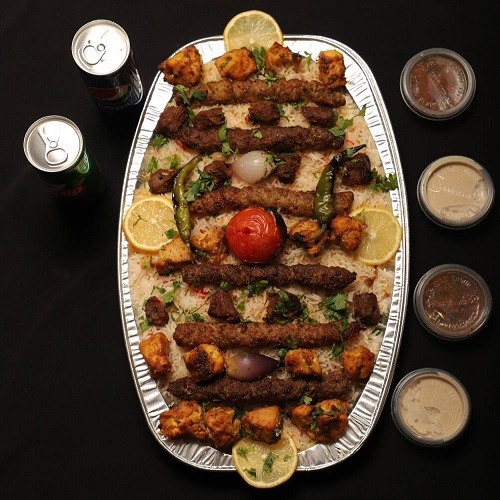 Mixed grill plate with rice